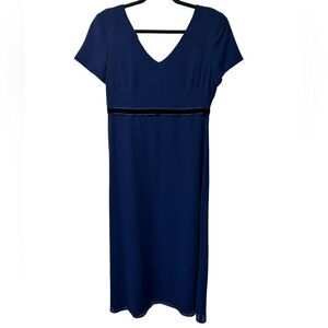 Vintage Donna Ricco New York Dark Blue Short Sleeve Midi Dress Vneck Formal Bow